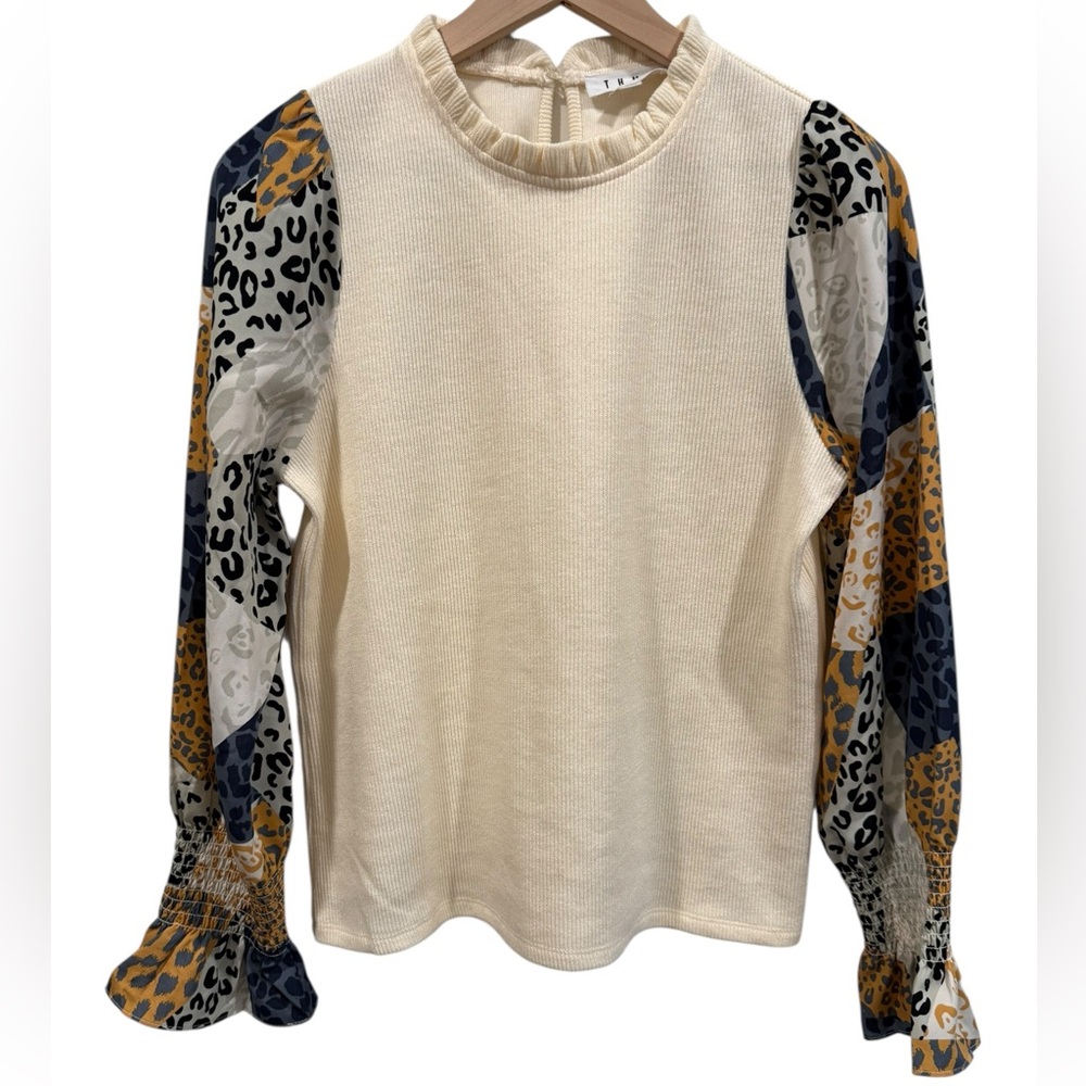 THML Animal Print Cream Colorblock Long Sleeve Ruffle Blouse- Medium‎